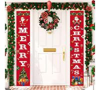 Christmas Door Banner Decorations, Merry Christmas Porch Sign Banner Decor with Santa Claus Tree Gift Wreath, Xmas Decoration Banner for New Year Outdoor Porch Front Door Wall Hanging Decorations