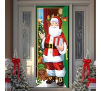Christmas Door Cover - Red Xmas Cloth with Santa Claus, Snowman, Tree, Reusable Dinner Decoration for Holiday Party Decor and Home, Merry Christmas and New Year's Theme (C)