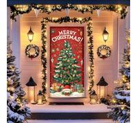 Christmas Door Curtain Banner, Vintage Winter Village Scene Door Decoration, Santa Claus and Christmas Tree Ornamental Backdrop, Suitable for Indoor/Outdoor Use, 70.9 x 35.4 Inches (Red Tree A)