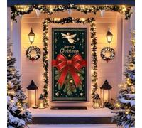 Christmas Door Curtain Banner, Vintage Winter Village Scene Door Decoration, Santa Claus and Christmas Tree Ornamental Backdrop, Suitable for Indoor/Outdoor Use, 70.9 x 35.4 Inches (Large Bow)