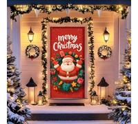 Christmas Door Curtain Banner, Vintage Winter Village Scene Door Decoration, Santa Claus and Christmas Tree Ornamental Backdrop, Suitable for Indoor/Outdoor Use, 70.9 x 35.4 Inches (Santa Claus A)
