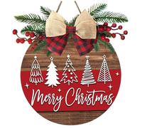 Christmas Door Sign 12in Wooden Merry Christmas Wreath with Bow & Berry Holiday Xmas Decorations for Wall Door Window