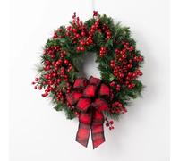 Christmas Door Wreath, Natural Pine Cone And Berry Decorated Pre-Lit Wreath, With Artificial Red Holly Berries, For Winter Holiday Season Home Decor (30cm)