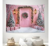 Christmas Door Wreath Tapestry Wall Hanging, Christmas Elements Tapestry for Bedroom Ceiling, Pink Wall Hanging for Dorm Living Room Xmas Party Decor 100Lx75W