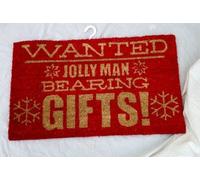 Christmas Doormat - "WANTED JOLLY MAN BEARING GIFTS" - Say It With a Doormat - Natural Coir Mat (CE023)