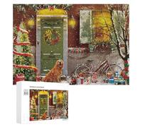 Christmas Doorway with Pets Scene, 300 PCS Wooden Brain Teaser for Adults, Relaxing Home Activity, with A Decorative Finished Picture