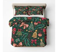 Christmas Double Duvet Cover Winter - Green Xmas Tree Bows Bedding & Bedroom Decor, Super Soft Microfiber Quilt Cover and 2 Pillowcases, with Zip, Reversible Design SD-1299