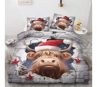 Christmas Double Duvet Set - Highland Cow Bedding Set - Reversible Quilt Cover & 2 Pillowcases with Zipper and Ties, Ultra Soft and Non Iron Brushed Microfibre Bed Set 200 x 200 H-&1-291