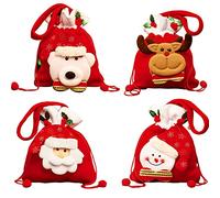 Christmas Drawstring Bag 4 Pack Xmas 3D Design Fabric Gift Bags Apple Bags for Favors and Decorations Super Cute Snowman Santa Claus Deer