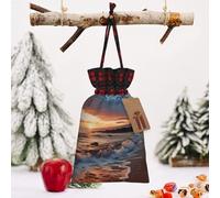 Christmas Drawstring Bags Cotton Buffalo Plaid Bags Sacks Beach Hawaii Sunset Sea Waves Clouds Xmas Wrapping Storage Bags With Kraft Tags For Christmas Candy Goodie Holiday Party Favors，8.3x11.8 Inch