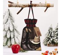 Christmas Drawstring Bags Cotton Buffalo Plaid Bags Sacks Cowboy Black Hat Western Boots Xmas Wrapping Storage Bags With Kraft Tags For Christmas Candy Goodie Holiday Party Favors，8.3x11.8 Inch