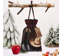 Christmas Drawstring Bags Cotton Buffalo Plaid Bags Sacks Cowboy Black Hat Western Boots Xmas Wrapping Storage Bags With Kraft Tags For Christmas Candy Goodie Holiday Party Favors，4.7x6.9 Inch