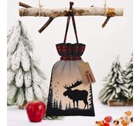 Christmas Drawstring Bags Cotton Buffalo Plaid Bags Sacks Moose Mountain Pine Tree Wilderness Xmas Wrapping Storage Bags With Kraft Tags For Christmas Candy Goodie Holiday Party Favors，4.7x6.9 Inch