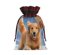 Christmas Drawstring Gift Bag, Golden Retriever Dogs Puppies Pets Print Xmas Santa Sacks, Candy Goody Present Bags, Holiday Festive Ornament Wrapping, Small & Medium Sizes