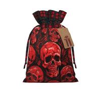 Christmas Drawstring Gift Bag, Red Skulls Print Xmas Santa Sacks, Candy Goody Present Bags, Holiday Festive Ornament Wrapping, Small & Medium Sizes