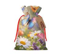 Christmas Drawstring Gift Bag Reusable Large Wrapping Bag with Tag | Colorful Butterflies Xmas Gift Bag Decorations Christmas Sacks Beautiful Christmas Bags for Gifts Present Party
