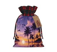 Christmas Drawstring Gift Bag, Summer Palm Tree Print Xmas Santa Sacks, Candy Goody Present Bags, Holiday Festive Ornament Wrapping, Small & Medium Sizes