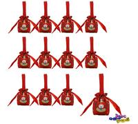 Christmas Drawstring Gift Bag with Handle, Reusable Canvas Xmas Candy Pouch with Flat Bottom for Holiday Party Favors, Small Treats, Secret Santa Present Wrap (Red-12Pack)