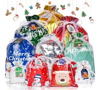 Christmas Drawstring Gift Bags - 20 Packs Assorted Sizes Christmas Wrapping Bags (Exra Large, Large, Medium, Small) with Colorful Tags, Multipack Rusable Foil Wrap Bag for Xmas Presents & Party Favors
