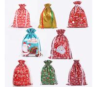 Christmas Drawstring Gift Bags, 8 Pieces Large Plastic Xmas Party Favors & Holiday Present Wrapping, Assorted Colorful Designs Goodie Bags for Christmas Holiday Birthday Party Supplies