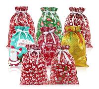 Christmas Drawstring Gift Bags, 8 Pieces Large Plastic Xmas Party Favors & Holiday Present Wrapping, Assorted Colorful Designs Goodie Bags for Christmas Holiday Birthday Party Supplies