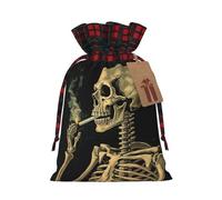Christmas Drawstring Gift Bags Buffalo Plaid Xmas Gift Sack with Tag & Tie A Skeleton with Burning Cigarette Wrapping Sacks Pouches Favor Santa Bag for Wrapping Presents Christmas Birthday Party Xmas
