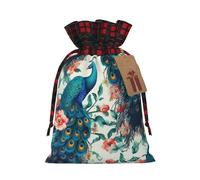 Christmas Drawstring Gift Bags Buffalo Plaid Xmas Gift Sack with Tag & Tie Beautiful Peacock Flowers Wrapping Sacks Pouches Favor Santa Bag for Wrapping Presents Christmas Birthday Party Xmas Party