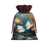 Christmas Drawstring Gift Bags Buffalo Plaid Xmas Gift Sack with Tag & Tie Dragonfly with Water Lily Wrapping Sacks Pouches Favor Santa Bag for Wrapping Presents Christmas Birthday Party Xmas Party