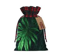 Christmas Drawstring Gift Bags Buffalo Plaid Xmas Gift Sack with Tag & Tie Green Tropical Jungle Plant Wrapping Sacks Pouches Favor Santa Bag for Wrapping Presents Christmas Birthday Party Xmas Party