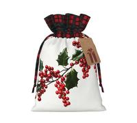 Christmas Drawstring Gift Bags Buffalo Plaid Xmas Gift Sack with Tag & Tie Holly Berry Branches Wrapping Sacks Pouches Favor Santa Bag for Wrapping Presents Christmas Birthday Party Xmas Party