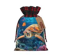 Christmas Drawstring Gift Bags Buffalo Plaid Xmas Gift Sack with Tag & Tie Ocean Sea Turtle Tropical Fish Starfish Wrapping Sacks Pouches Favor Santa Bag for Wrapping Presents Christmas Birthday Party