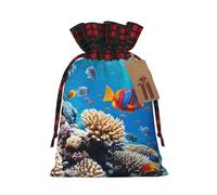 Christmas Drawstring Gift Bags Buffalo Plaid Xmas Gift Sack with Tag & Tie Ocean Tropical Fish Coral Wrapping Sacks Pouches Favor Santa Bag for Wrapping Presents Christmas Birthday Party Xmas Party