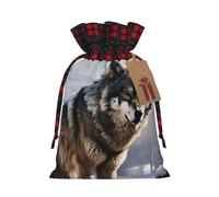Christmas Drawstring Gift Bags Buffalo Plaid Xmas Santa Gift Bag with Tags A wolf standing in a snow-covered area Wrapping Sacks Drawstring Candy Goodie Bag for Christmas Holiday Holiday Party Favors