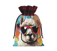 Christmas Drawstring Gift Bags Buffalo Plaid Xmas Santa Gift Bag with Tags Alpaca wearing sunglasses Wrapping Sacks Drawstring Candy Goodie Bag for Christmas Holiday Holiday Party Favors Pouch