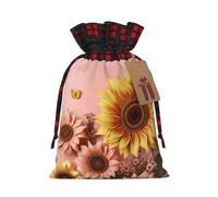 Christmas Drawstring Gift Bags Buffalo Plaid Xmas Santa Gift Bag with Tags Big sunflower on pink background Wrapping Sacks Drawstring Candy Goodie Bag for Christmas Holiday Holiday Party Favors Pouch
