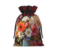 Christmas Drawstring Gift Bags Buffalo Plaid Xmas Santa Gift Bag with Tags Farm Fresh Flowers Spring Wrapping Sacks Drawstring Candy Goodie Bag for Christmas Holiday Holiday Party Favors Pouch