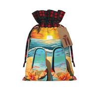 Christmas Drawstring Gift Bags Buffalo Plaid Xmas Santa Gift Bag with Tags Flip flops and tropical beach scene Wrapping Sacks Drawstring Candy Goodie Bag for Christmas Holiday Holiday Party Favors