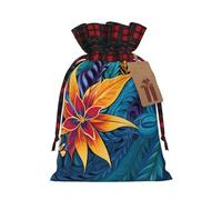 Christmas Drawstring Gift Bags Buffalo Plaid Xmas Santa Gift Bag with Tags Tropical leaves pattern for tribal design Wrapping Sacks Drawstring Candy Goodie Bag for Christmas Holiday Holiday Party