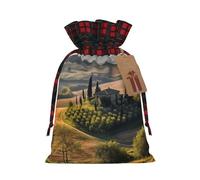 Christmas Drawstring Gift Bags Buffalo Plaid Xmas Santa Gift Bag with Tags Tuscany Landscape Tree Scenery Farm Wrapping Sacks Drawstring Candy Goodie Bag for Christmas Holiday Holiday Party Favors
