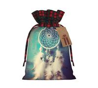 Christmas Drawstring Gift Bags Buffalo Plaid Xmas Santa Gift Bag with Tags White dream catcher feather Wrapping Sacks Drawstring Candy Goodie Bag for Christmas Holiday Holiday Party Favors Pouch