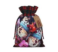 Christmas Drawstring Gift Bags Colorful Butterflies on Flowers Wrapping Bag with Tag Buffalo Plaid Xmas Gift Drawstring Present Bag for Christmas Birthday Holiday Party Santa Candy Sack Pouch