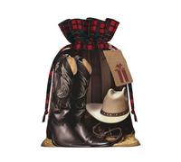 Christmas Drawstring Gift Bags Cowboy Black Hat Western Boots1 Xmas Wrapping Sacks Buffalo Plaid Goodie Bag Burlap Treat Bag Gift Wrapping Storage Sack for Xmas Presents Party Favor Pouch Small
