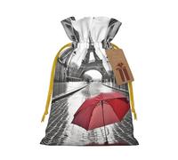 Christmas Drawstring Gift Bags Eiffel Tower Paris Street Red Umbrella Reusable Christmas Wrapping Bag W/Tags Xmas Treat Pouch Goody Bags Candy Treat Bag For Xmas Holiday Presents Party Favor 4.7x6.9