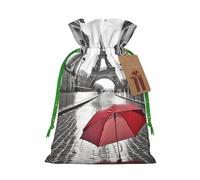 Christmas Drawstring Gift Bags Eiffel Tower Paris Street Red Umbrella Reusable Christmas Wrapping Bag W/Tags Xmas Treat Pouch Goody Bags Candy Treat Bag For Xmas Holiday Presents Party Favor 8.3x11.8