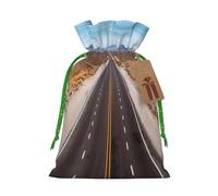 Christmas Drawstring Gift Bags Freeway Highway Road In The Desert Reusable Christmas Wrapping Bag W/Tags Xmas Treat Pouch Goody Bags Candy Treat Bag For Xmas Holiday Presents Party Favor 8.3x11.8 Inch