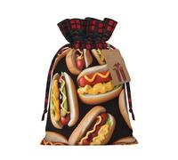 Christmas Drawstring Gift Bags Fun Food Hot Dogs Xmas Wrapping Sacks Buffalo Plaid Goodie Bag Burlap Treat Bag Gift Wrapping Storage Sack for Xmas Presents Party Favor Pouch Medium