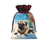 Christmas Drawstring Gift Bags Funny Turtle Pug Dog in The Sky Xmas Wrapping Sacks Buffalo Plaid Goodie Bag Burlap Treat Bag Gift Wrapping Storage Sack for Xmas Presents Party Favor Pouch Medium