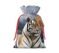 Christmas Drawstring Gift Bags Majestic Tiger Resting On A Rock With Cloudy Sky Reusable Christmas Wrapping Bag W/Tags Xmas Treat Pouch Goody Bags Candy Treat Bag For Xmas Holiday Presents Party Favor