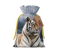 Christmas Drawstring Gift Bags Majestic Tiger Resting On A Rock With Cloudy Sky Reusable Christmas Wrapping Bag W/Tags Xmas Treat Pouch Goody Bags Candy Treat Bag For Xmas Holiday Presents Party Favor