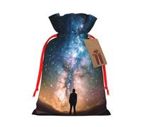 Christmas Drawstring Gift Bags Man Looking Up Universe Night Sky Reusable Christmas Wrapping Bag W/Tags Xmas Treat Pouch Goody Bags Candy Treat Bag For Xmas Holiday Presents Party Favor 4.7x6.9 Inch